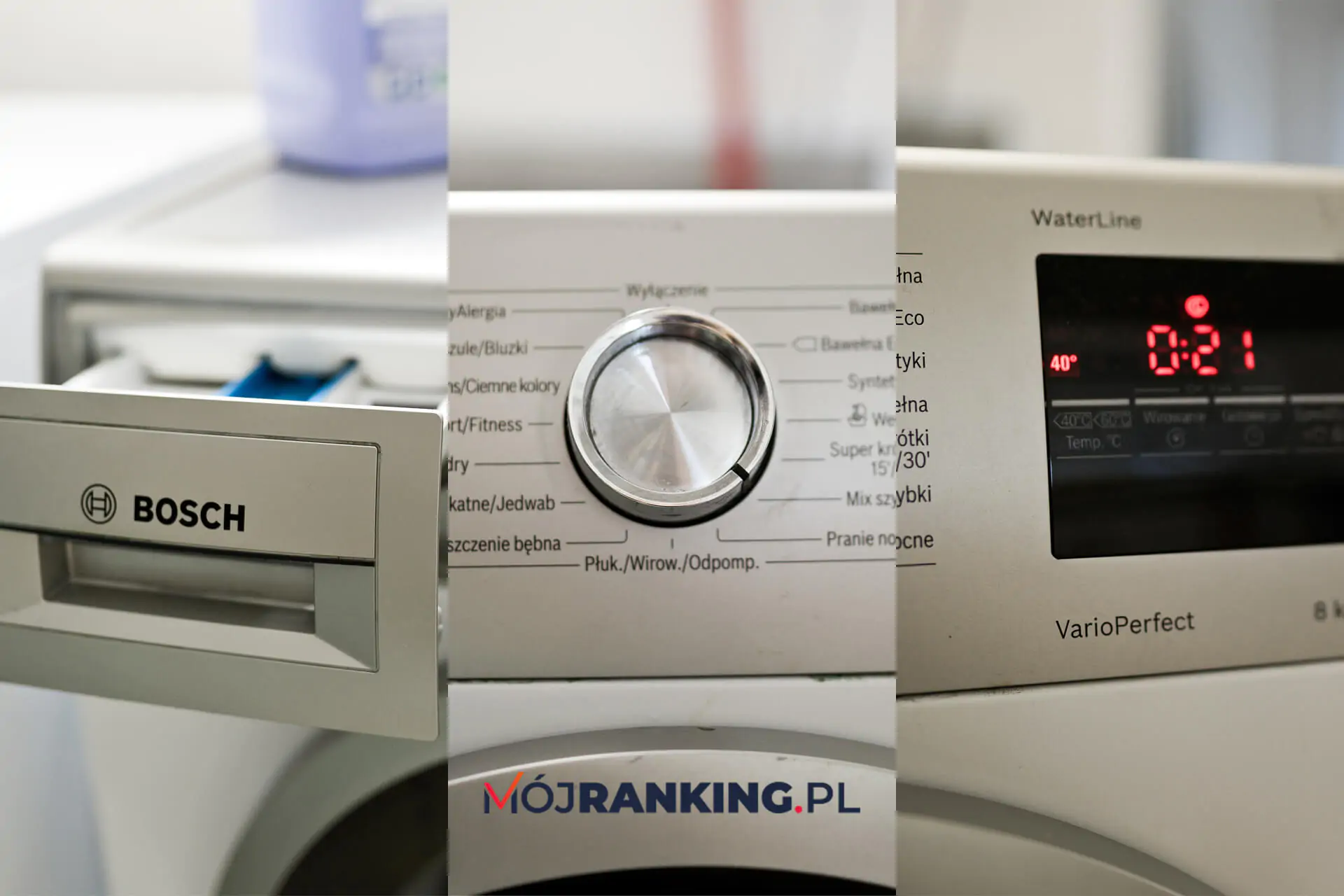 wyposażenie pralki: komora do środków piorących, wygodne pokrętło, panel sterowania z wyświetlaczem elektronicznym